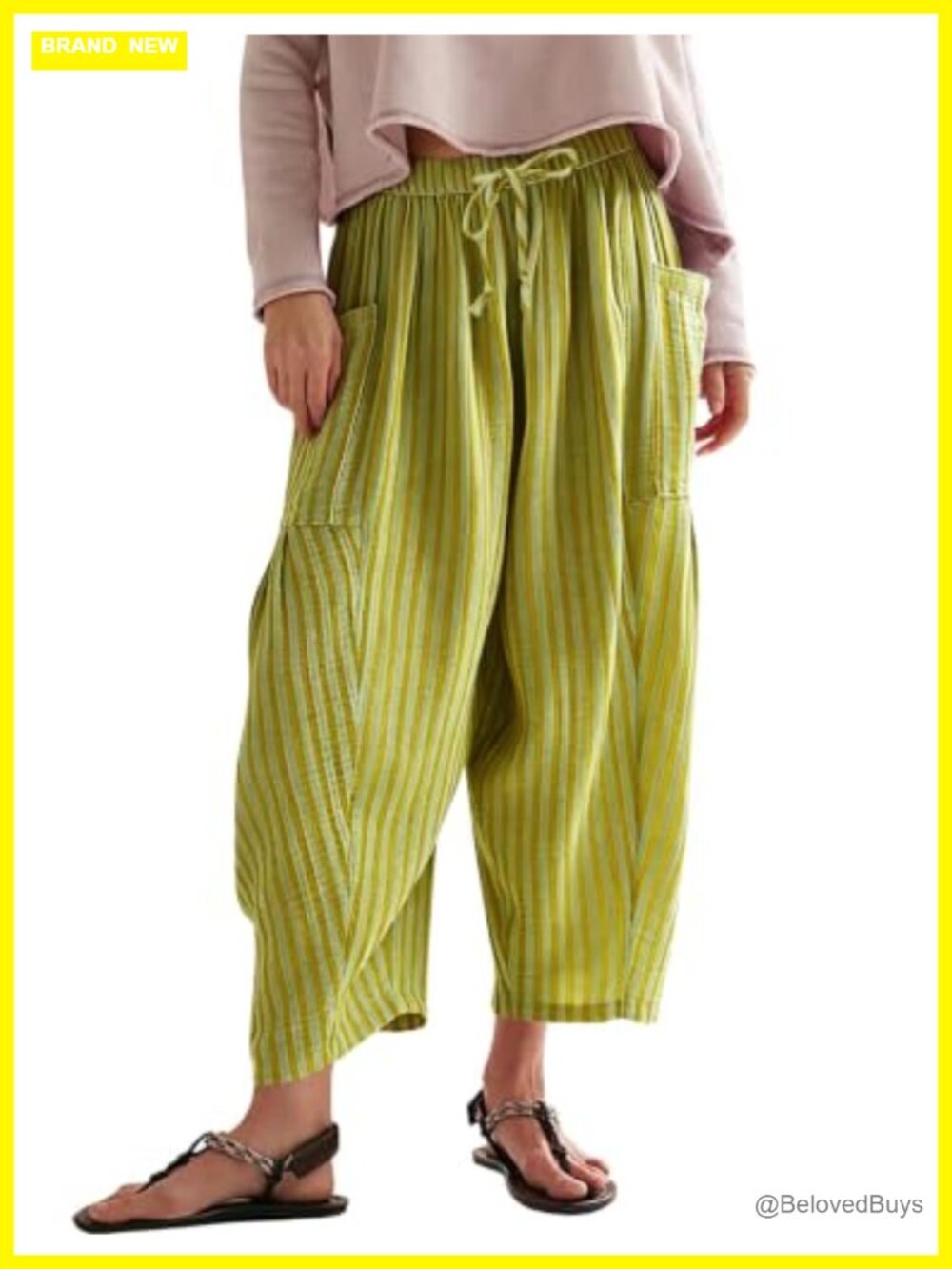 Women Striped Harem Pants Cotton Drawstring Wide Leg Palazzo Trousers